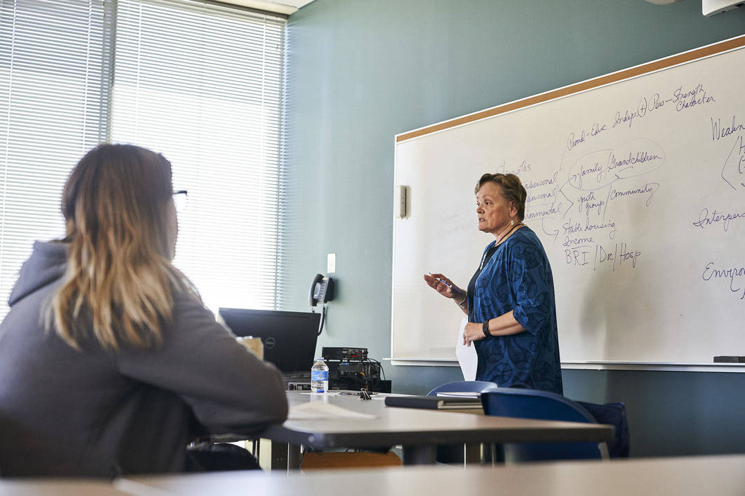 Social worker degree program professor answers question during class